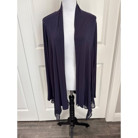 LOGO by Lori Goldstein Womens Open Cardigan Long Sleeve Sheer Trim Blue Large - Picture 1 of 5
